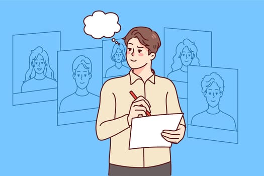 Employer choose employee from digital CV demonstration. Boss or recruiter hire personnel or staff. Concept of employment and HR. Vector illustration.