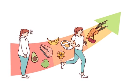 Young woman eating healthy and training following health lifestyle. Girl lose weight do sports strive for good body shape and wellness. Flat vector illustration.