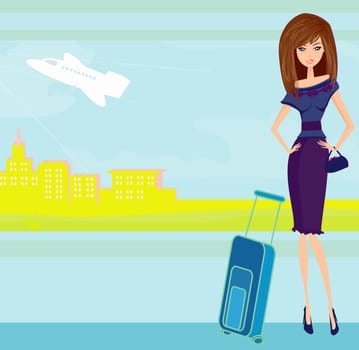 beauty travel girl with baggage on the airport