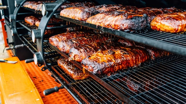 Large barbecue smoker grill with grilled meat wrapped with bacon. Street food.