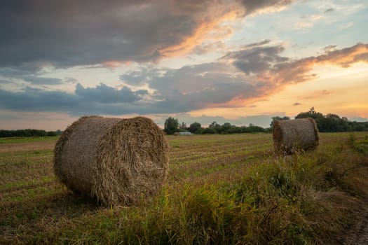 Hay bales in the field and evening clouds, Nowiny, Lubelskie, Poland