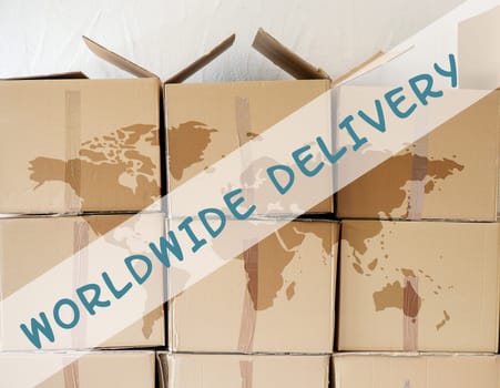 Many parcels standing in a warehouse, online shopping with worldwide delivery, transport industry, packaging, shipping company