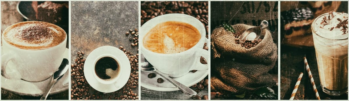 Collage of different types of aromatic freshly brewed coffee served in white cups and glass with sack of beans