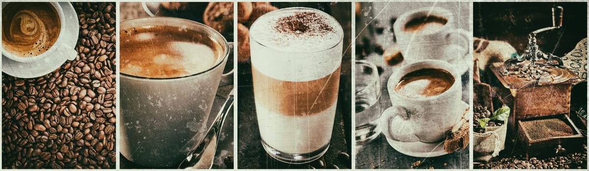 Collage of various types of tasty freshly brewed hot coffee in cups and old fashioned grinder with beans