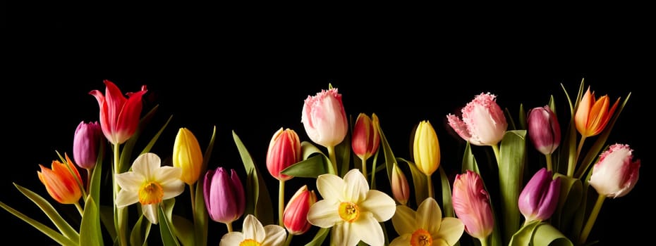 Bouquet of assorted flowers with tulips and narcissuses with colorful petals placed on black background during festive occasion in studio