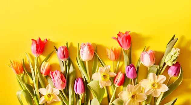 Bouquet of colorful tulips with multicolored petals and narcissuses placed on yellow background during festive event in studio with sunlight