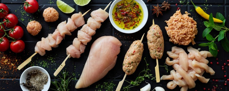 Top view of raw chicken breasts and strips placed near uncooked skewers and lula kebab on table with various condiments