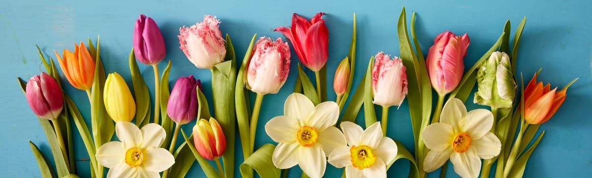Top view bunch of multicolored fresh tulips with white narcissuses placed on blue background during festive occasion in light studio