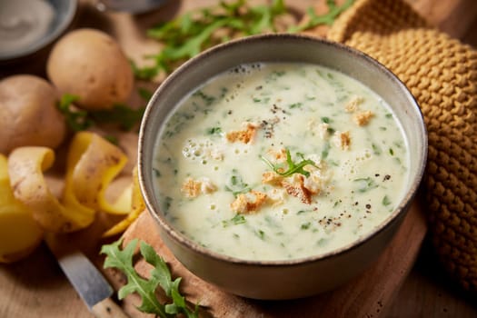From above of appetizing homemade cream rucola soup with croutons served on wooden cutting board near peeled potatoes in kitchen