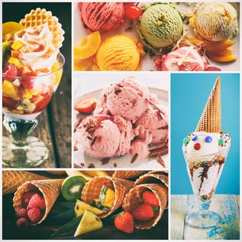 Collage of delicious sweet ice cream scoops with assorted flavors and colors with crispy waffle cones decorated with ripe berries