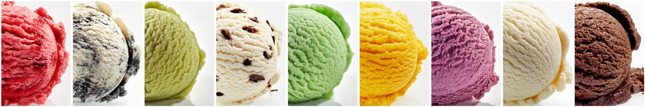 Collage of tasty sweet cold round ice cream scoops of different colors and flavors on white background in light studio