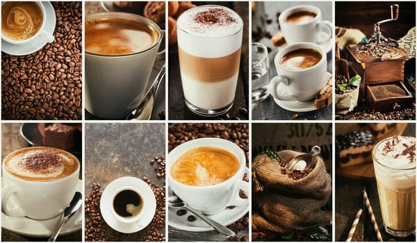 Collage of assorted freshly brewed aromatic coffee drinks served in different cups and glasses with sack of beans and coffee grinder