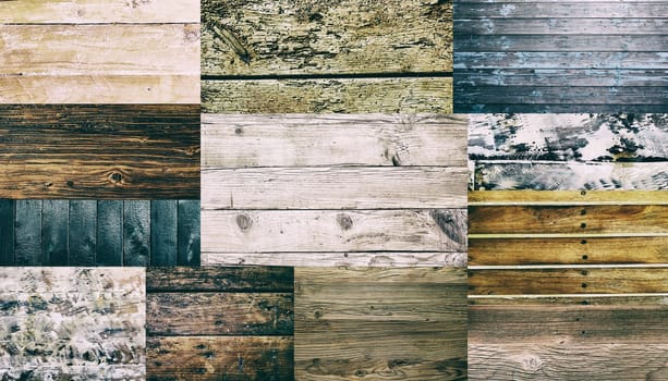 Collage with mix of different wooden boards and walls of buildings of various colors and textured surfaces as background