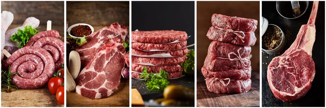 Collage of uncooked fillet mignons and steaks with raw beef patties and rack of lamb in dark kitchens during cooking process
