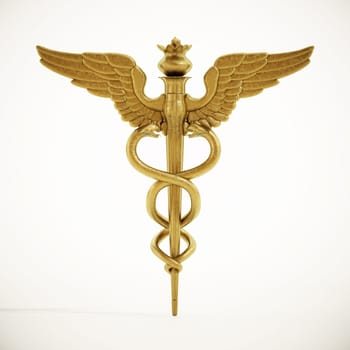 Gold caduceus symbol isolated on white background. 3D illustration.