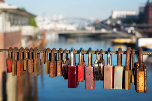 Love padlock on a bridge in Hamburg.