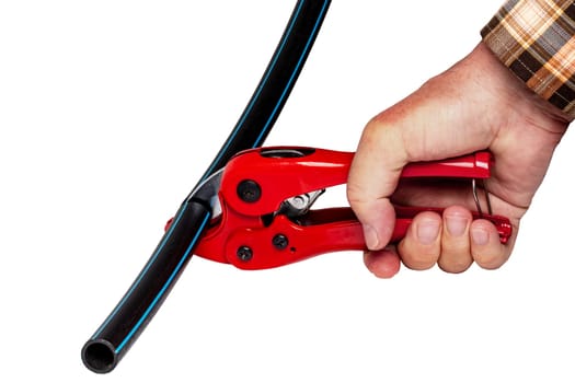 Plumber tools isolated. A man accurately cuts a piece of PE pressure pipe or water pipe with a red pvc pipe cutter. Clipping path. Drinking and service water systems.
