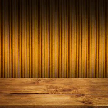 The background is blank wooden boards and a textured striped wall with gradient lighting and vignetting. For product demonstrations, free space, layout, mockup, perspective board, background board.