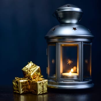 Christmas composition: lantern with candles, bright shiny gift boxes, dark blue background, place for logo, lettering, layout, layout.