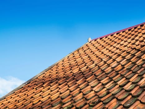 Oblique lateral partial view of a pitched roof covered with shingles in bottom view in front of a cloudless sky in sunshine.