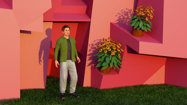 modern house pink concrete shapes comfortable contemporary courtyard man staring at sun light in the morning 3D illustration