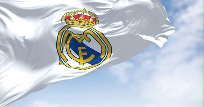 Madrid, Spain, June 2022: The Flag of Real Madrid waving in the wind on a clear day. Real Madrid is a Spanish professional football club based in Madrid