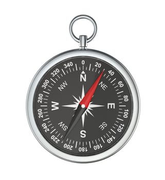 Silver compass isolated on white background, front view