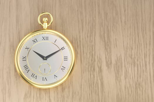Shiny golden pocket watch on the wooden table, top view