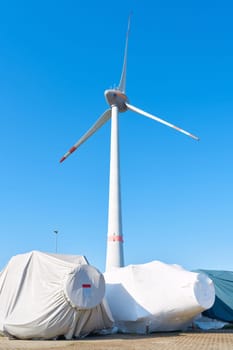 Storage yard for components of wind turbines of the manufacturer Enercon in the port of Magdeburg