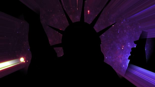 Statue of liberty against Stars in the night with light rays,Statue of liberty against Stars in the night with light rays