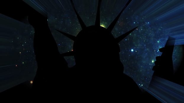 Statue of liberty against Stars in the night with light rays,Statue of liberty against Stars in the night with light rays