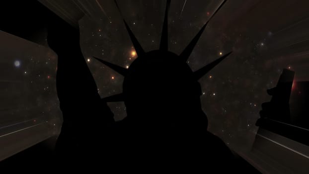 Statue of liberty against Stars in the night with light rays,Statue of liberty against Stars in the night with light rays