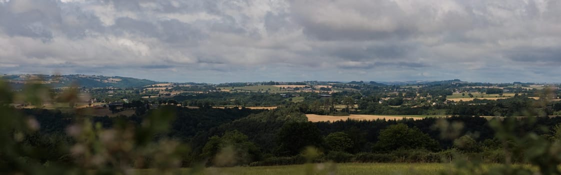 Panoramic farmland landscape with field and tree in Aveyron france