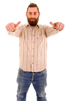 young casual man going thumb up, isolated on white