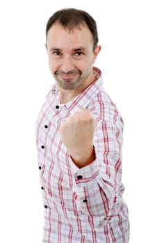 happy young man winning, isolated on white