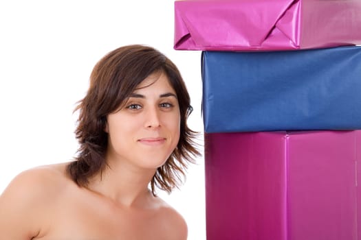 young shopaholic woman with lots of gifts, on white