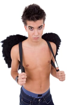 young casual teen man with wings, on white