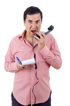 young man yelling at the phone, isolated on white