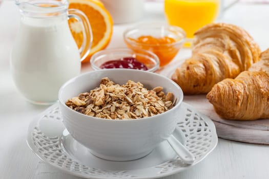 Breakfast with cereal, milk, orange juice