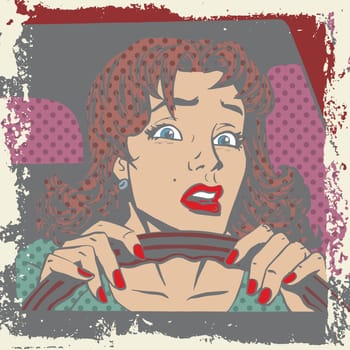 Scared woman driver behind the wheel of a car pop art comics retro style Halftone. Imitation of old illustrations. Delave effect old paper