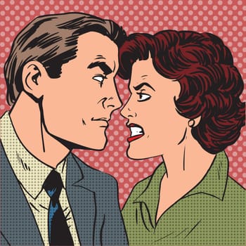 Conflict man woman family quarrel love hate pop art comics retro style Halftone. Imitation of old illustrations.