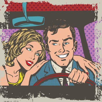 Man and woman in the car pop art comics retro style Halftone. Imitation of old illustrations. Delave effect old paper