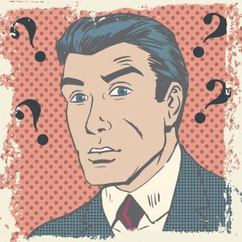 Confused man emotion misunderstanding the questions pop art comics retro style Halftone. Imitation of old illustrations. Delave effect old paper