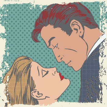A man and woman about to kiss pop art comics retro style Halftone. Imitation of old illustrations. Delave effect old paper