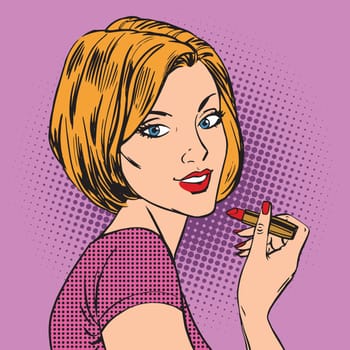 Beautiful girl paints her lips red lipstick pop art comics retro style Halftone. Imitation of old illustrations.