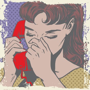 Woman talking on the phone sad pop art comics retro style Halftone. Imitation of old illustrations. Delave effect old paper