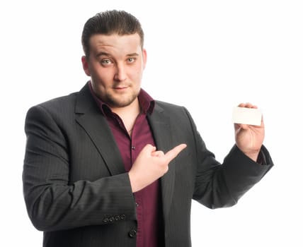 Man in suit points to a business card