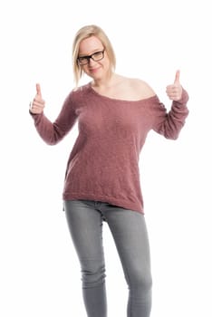 Young woman with glasses shows thumbs up