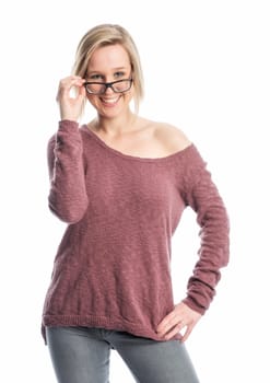 Young woman in jeans wears black glasses