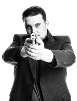 Agent targets with gun in black and white